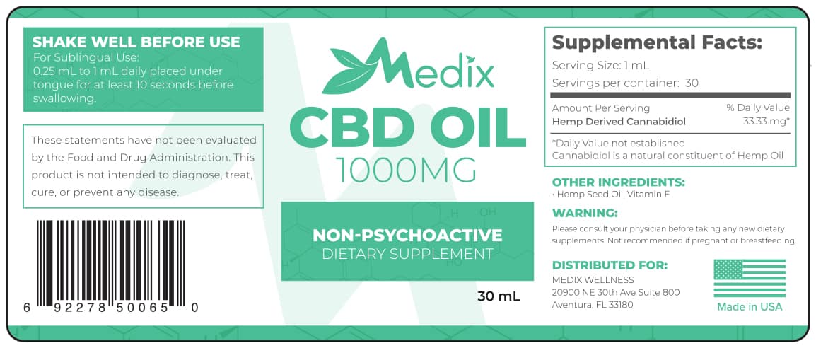 Medix CBD Oil - 100% Natural Flavor (1000 MG)