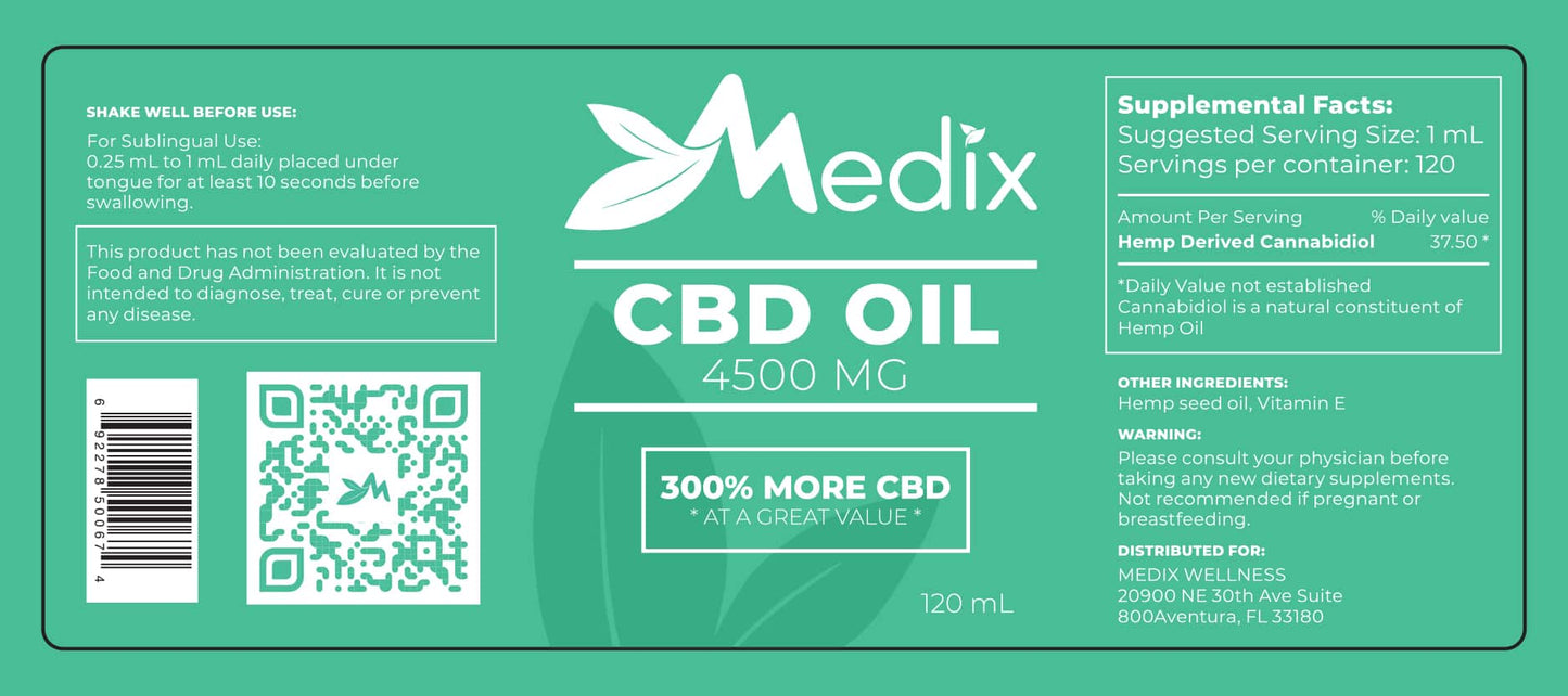 Medix CBD Oil - 100% Natural Flavor (4500 MG)